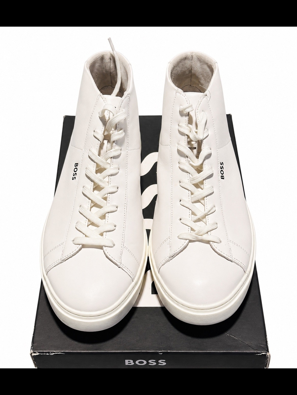 Hugo Boss White Leather High-Top Sneakers with Black and Tan Accents - Picture 2 of 8